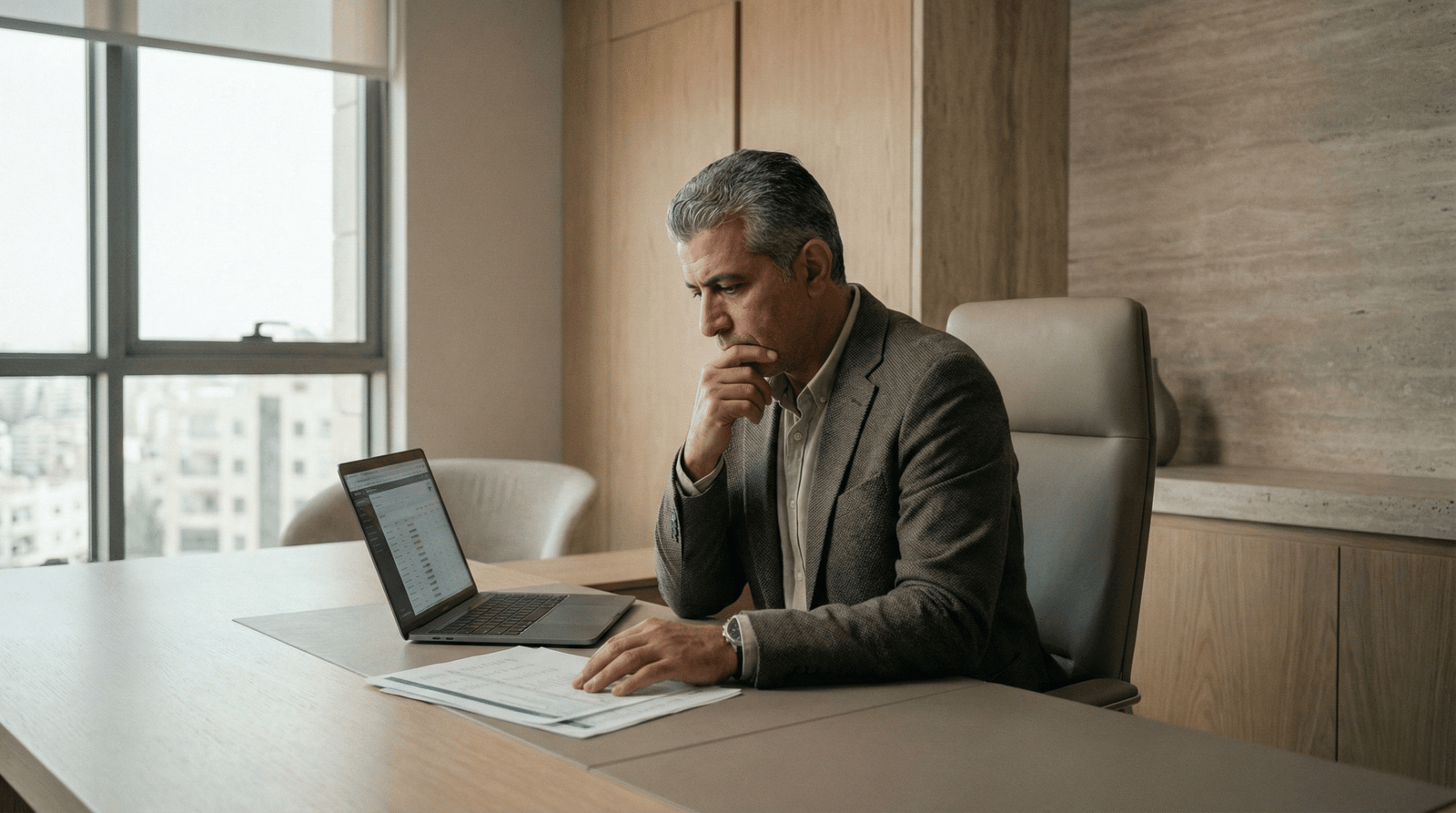 صاحب عمل يراجع خياراته قبل اختيار شركة تطوير برمجيات في الأردن لاتخاذ قرار مشروع رقمي