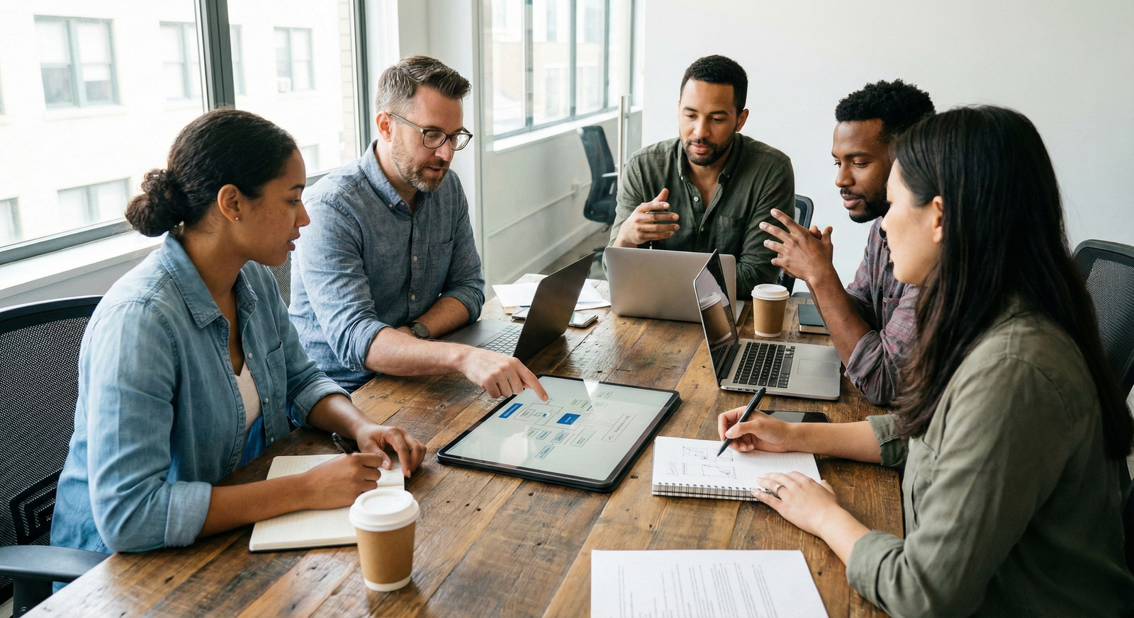 فريق عمل يناقش متطلبات مشروع رقمي وبناء حلول برمجية مخصصة بشكل احترافي