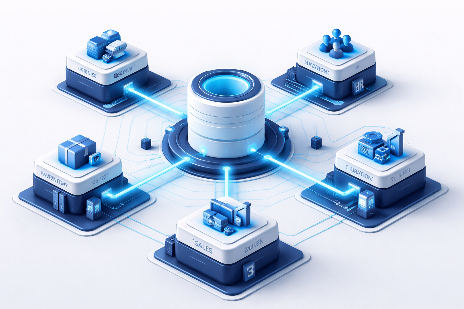 ERP systems in Jordan infographic showing integrated business modules connected to a central database