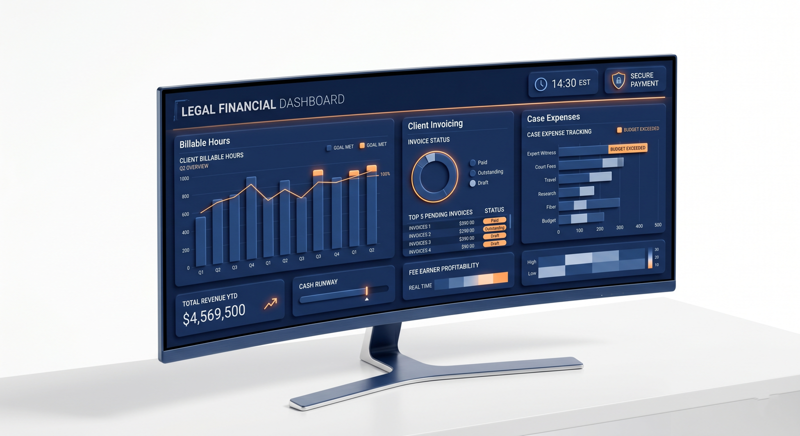 Billable hours tracking and financial collection dashboard for law firms